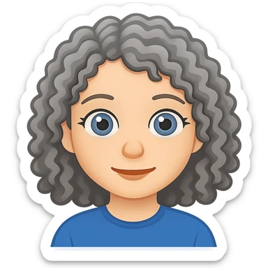 Create an emoji style image of a girl with grey, loose curly hair and blue eyes. The image should have no background. Emulate the emoji style in the design. sticker