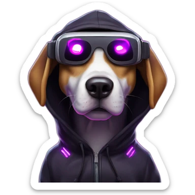 funny dog wearing a black hoodie with "OMG" letters on it and VR headset in a cyberpunk VR environment with violet neon lighting. sticker