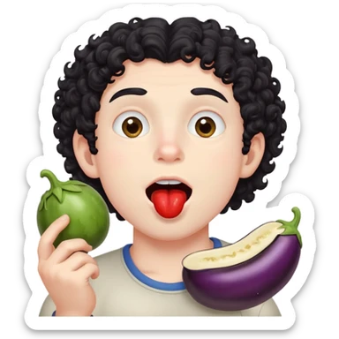 Black curly hair boy pale skin mout watering eating an eggplant with red cheeks sticker