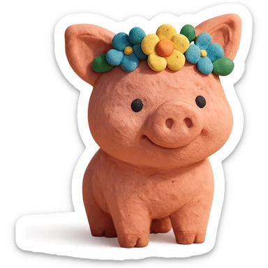 playful and cute piglet with a flower crown, textured look, claymation style sticker