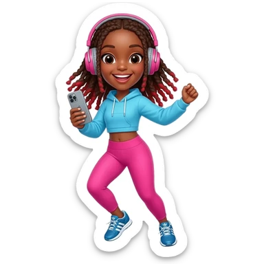 African American girl with long brown dreadlocks with red tips, pink workout leggings and a bright blue cropped hoodie, wearing big pink headphones and blue adidas pumps, happy dancing phone in hand sticker