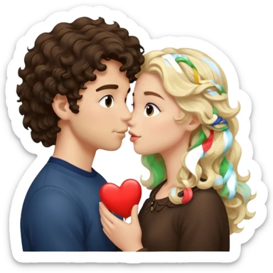 White Italian boy with dark brown wavy fluffy hair and blonde girl that's pale with wavy hair kissing sticker