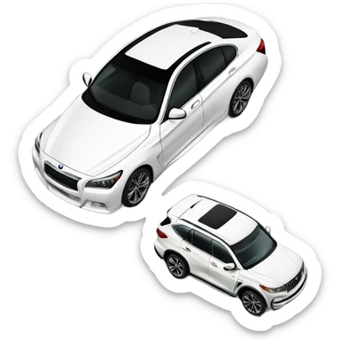 a white bmw parked next to a dark grey infiniti sticker