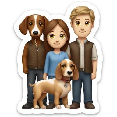 A couple (boy and girl) with a spaniel called spencer and a sausage dog called ludo  sticker