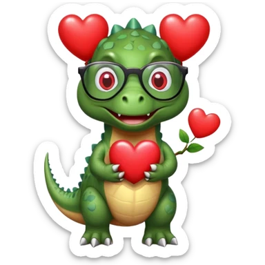 dinosaur in glasses holding hearts sticker