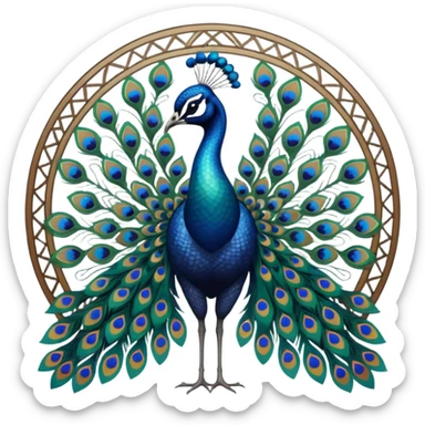 Must be 4k hd quailty, must have no emoji faces, must have no emoji icons, must have no human figures. Art Nouveau poster design featuring a peacock with iridescent feathers spreading into intricate geometric patterns sticker