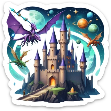 Icon for Fantasy and Sci-Fi Movies: A magical collage with flying dragons and futuristic spaceships. Stars and planets shimmer in the background with a mystical castle Hogvards and an ancient wizard holding a staff. The atmosphere is epic, otherworldly and adventurous. Transparent background. sticker