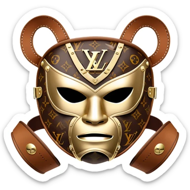 luxury Louis Vuitton luchador mask with LV monogram pattern and brown leather sticker