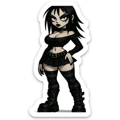 goth girl with exaggerated proportions in a dark, edgy style sticker