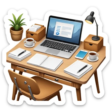 emoji of a cozy desk with a paper and a laptop on it sticker