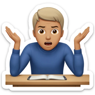 man working at table, leaning forward, hands on table, shouting with determination sticker