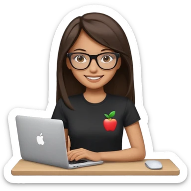 woman with tan skin, long straight dark-brown hair and glasses, smiling and holding mac computer, wearing black t shirt sticker