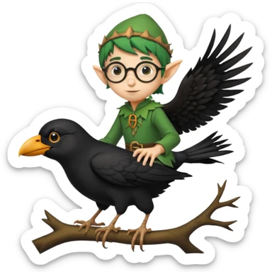 tiny forest elf with round glasses riding crow sticker