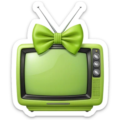 A pistachio green TV with a lime green bow time sticker