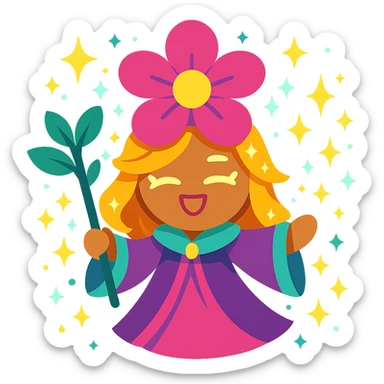 blossom cookie character, fantasy theme, magical aura, sparkling sticker