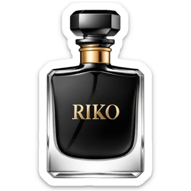 Realistic detailed black luxury perfume bottle with the name Riko on the front sticker