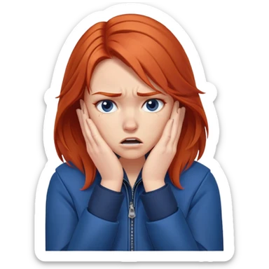 Redhead girl with mid length hair in blue jacket angry facepalm sticker
