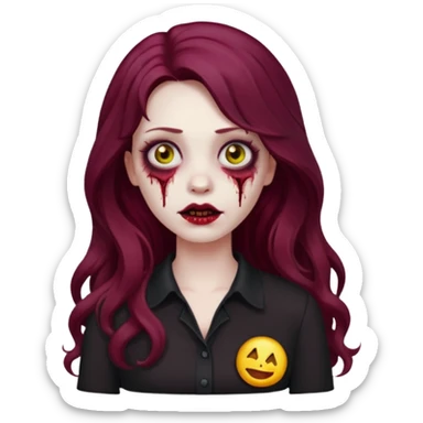 Faça me um emoji de um zumbi mulher de cabelos vermelho borgonha longos ondulado usando uma blusa preta, faça no estilo iphone sticker