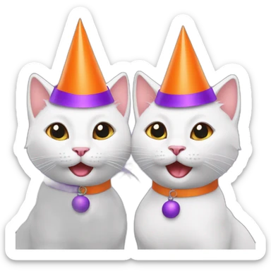 two white cats dancing with orange and purple party hats on sticker