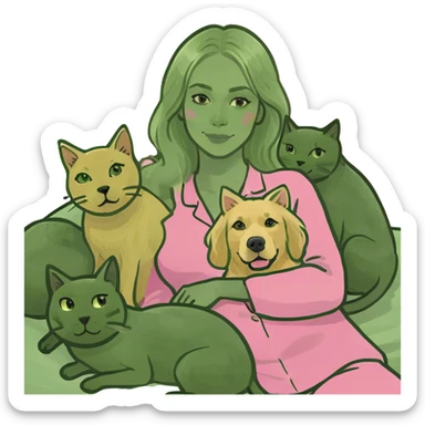 Blonde woman in bed with two cats and a golden retriever sticker
