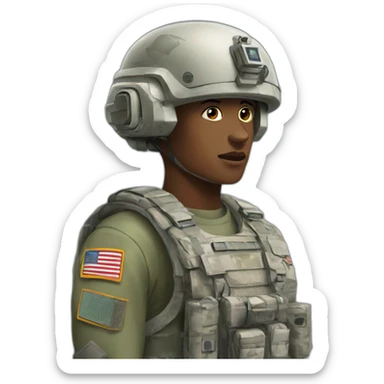 AI senior looking at military tech sticker
