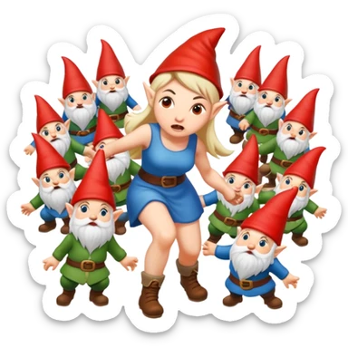 Lady being attacked by many gnomes sticker