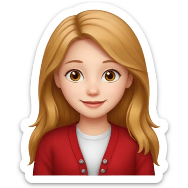 create a girl with hazel long hair, hazel eyes and beautiful smile, and red colour cardigan sticker