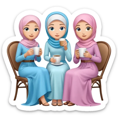 Turkish beautiful finish Konya girls blue eyes with pastel hijab long tail dress and the two friends sits on the chair on the ground and holds cup coffe with her hand  sticker