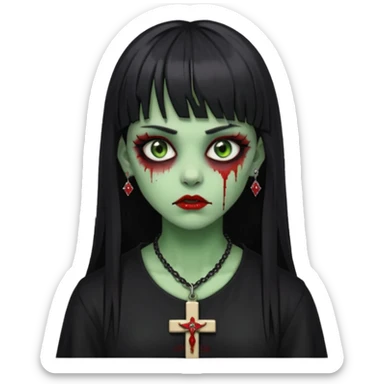 zumbi verde com olhos vermelhos sangrando e franja roupa preta e um crucifixo como colar, sem ser na testa e um piercing no nariz bem feminino a franja reta também  sticker