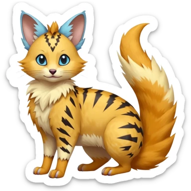 sunburnt mango-saffron fur shattered by electric sky-blue zigzag scars beautiful elegant pretty precious cute  Fakémon-Pokémon-opossum-feline-serval-caracal-chinchilla-Furret-Minccino-hybrid-creature with a big fluffy bushy tail (full body) sticker