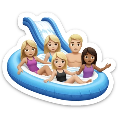 dark brown haired girl that’s pale and blonde haired girl and dirty blonde haired man and dark brown hair guy that has a bit longer hair just above his shoulders and is pale too on the lazy river water slide sticker