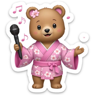 A cute light-brown bear wearing a pastel pink sakura-patterned kimono, normal balanced body ratio.  
Holding a microphone and singing happily, music notes floating around and a bright joyful smile.  
Kawaii emoji style, minimalistic clean sticker illustration, white background. sticker