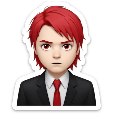 🎨 Classic Emoji — Gerard Way (Revenge Era)
Round, simplified emoji style
Pale skin tone
Jet-black, shoulder-length hair messy and emo
Heavy eyeliner and slight red shadow under the eyes
Subtle serious / melancholic expression
Hint of red tie visible on black button up shirt.
Transparent background sticker