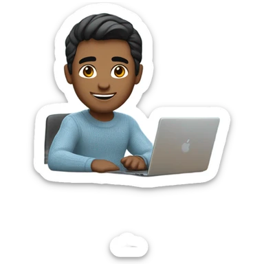 memoji of a man with a laptop in front, apple-style,modern,slightly brown skin,black hair,slightly broad nose, smile on face, ,light blue sweater,computer on table,sitting on his desk sticker