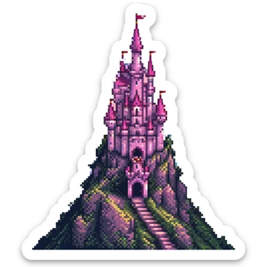 pink fantasy castle perched on a tall mountain, pixel art, cute and detailed, vibrant colors, magical vibe sticker