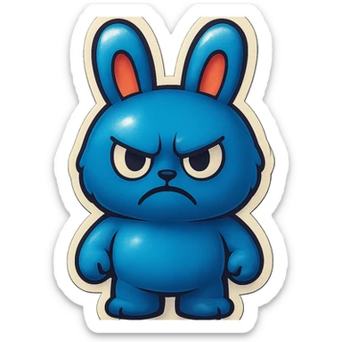 Change the blue bunny character's face to an angry, frowning expression, keeping the retro stickers style. sticker