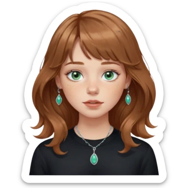 Woman with light cool brown wavy hair and curtain bangs, freckled fair skin, blue-green eyes, rosy lips, septum ring, soft natural makeup, delicate silver jewelry, relaxed expression. black shirt sticker