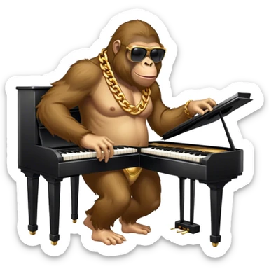 ape with big golden chain on the neck wearing sunglasses plays piano full height sticker
