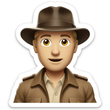 White Indiana Jones with a dark brown jacket and a brown hat, beige shirt sticker