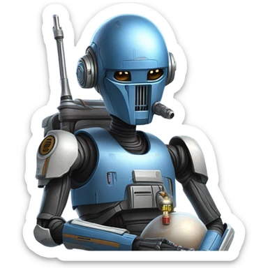 blue-pearl smiling bounty hunter protocol droid wearing backpack, saddlebags and light saber ready to fight resting sticker