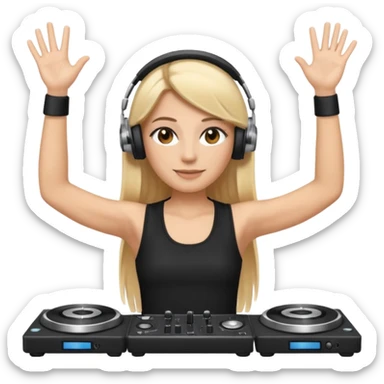 I want a white female dj animated gif emoji with long straight centre parting blonde hair, brown eye brows and putting hands up in the air. Wearing a black tight top with no sleeve. Also wearing DJ headphones  sticker