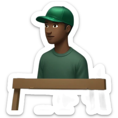 designer Say Willis holding an easel with sparkles behind him. He’s wearing a forest green Norse projects cap sticker