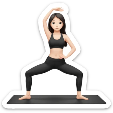 Девушка белокожая, с длинными темными волосами, в черной одежде для йоги, стоит в позе лотоса, в стиле бимбо пилатес, правильные пропорции, только человек, правильные ноги sticker