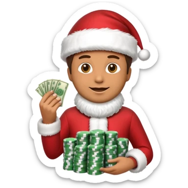 A confident rich emoji face wearing a Santa hat, money stacks, casino vibe, New Year theme, premium 3D emoji style, sharp details, no text, isolated on transparent background sticker