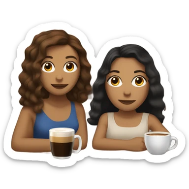 puerto rican woman light skin with shoulder-length, wavy, brown hair drinking latte with Roman woman with black, straight hair drinking espresso at table sticker