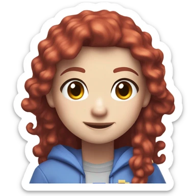 a white girl with long red curly hair and freckles, wearing periwinkle Minecraft hoodie playing a videogame smiling sticker