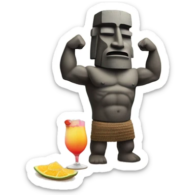 MOAI FLEXING MUSCLE ON BEACH VACATION WITH COCKTAIL sticker