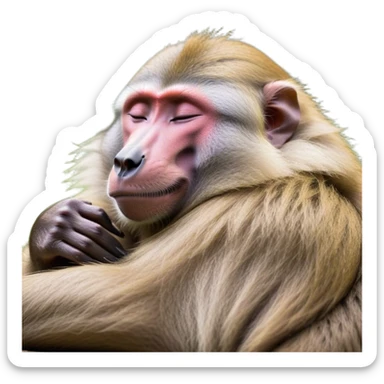 Meme-Worthy Cute Sleeping Baboon Portrait Emoji, Head resting peacefully with a contented smile, showcasing a robust build and a luxuriously soft Fur of earthy browns, eyes shut in a serene, restful nap, Simplified yet hilariously adorable features, highly detailed, glowing with a soft, drowsy light, high shine, relaxed and utterly lovable, stylized with an air of playful laziness, bright and heartwarming, soft glowing outline, capturing the essence of a comically sleepy baboon, so meme-worthy it feels like it could instantly become the next viral sensation of adorable slumber! sticker