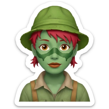 messy green full face green clay mask and tourist hat red hair  sticker
