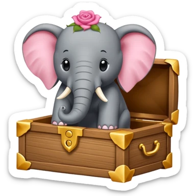 Une boite à trésor ouverte, avec un éléphant rose qui sort sa tête sticker